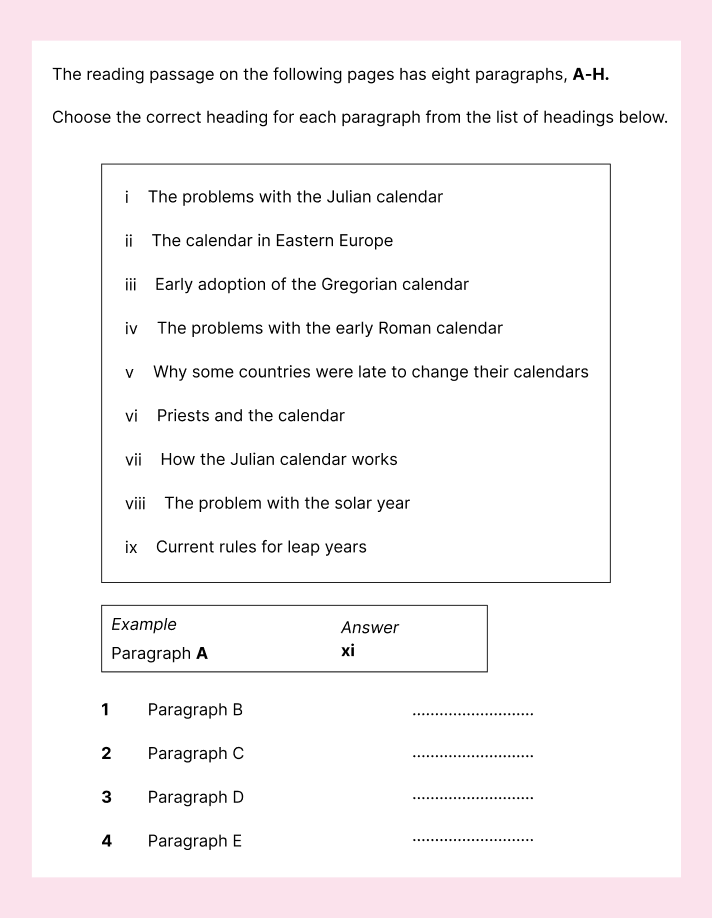 Đề mẫu IELTS Reading dạng Matching Headings