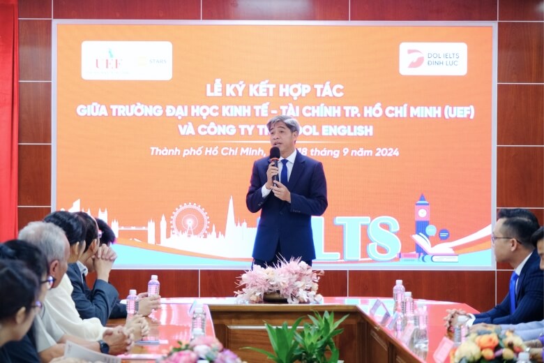 TS Nguyễn Thanh Giang (Bí thư Đảng ủy, Hiệu trưởng Đại học Kinh tế - Tài chính TP.HCM) phát biểu tại sự kiện