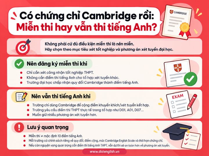 [{"type":"p","children":[{"text":"Chứng chỉ Cambridge có được miễn thi tiếng Anh THPT không & Có chứng chỉ Cambridge rồi thì nên đăng ký miễn thi hay vẫn thi tiếng Anh?"}]}]