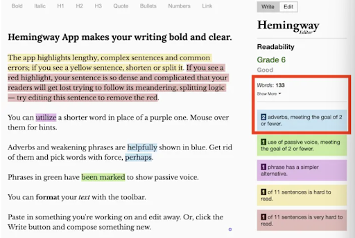 Hemingway Editor Đếm trạng từ, tính từ, tổng số từ 